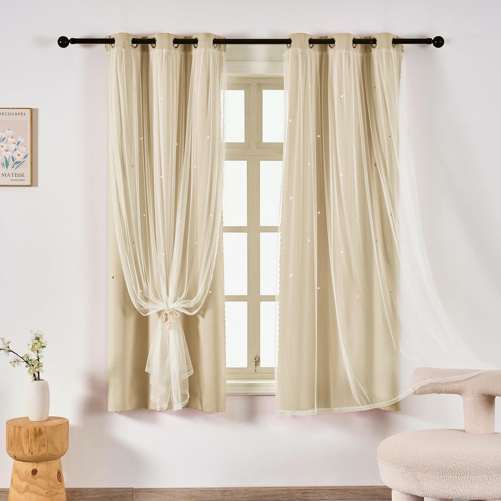 indistar Star Cutout Kids Window Blackout Curtains for Girl Bedroom Window Room Darkening Curtains & Drapes Baby Nursery Curtains (2 Panel,35Wx63L inch,Cream) โ image 1