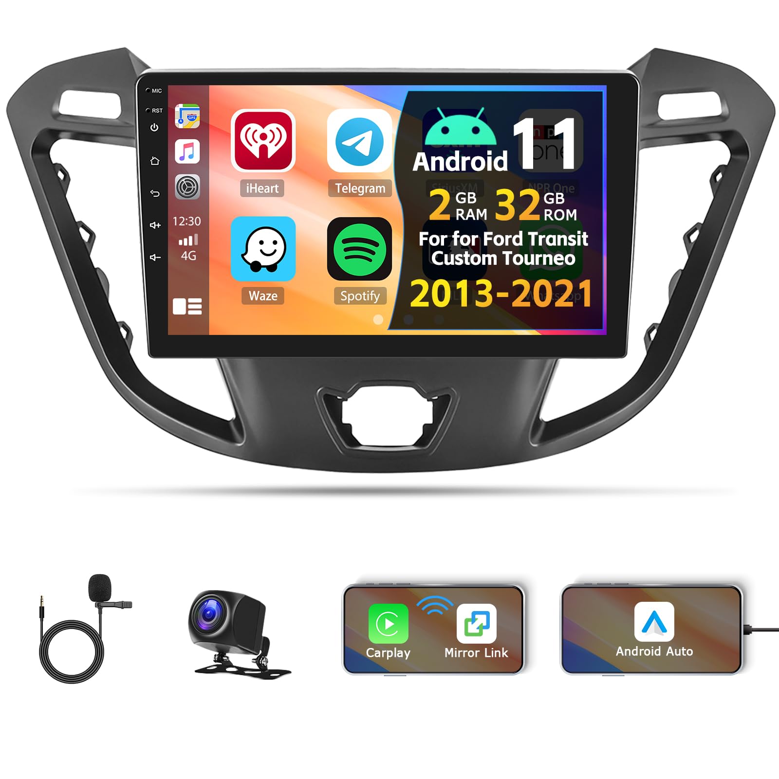 CAMECHO 2G+32G Android 11 Car Stereo for Ford Transit Custom Tourneo 2013-2021 with Apple CarPlay Android Auto Mirror Link 9”Touchscreen GPS Navigation BT WiFi FM/RDS Radio SWC+ Backup Camera +MIC