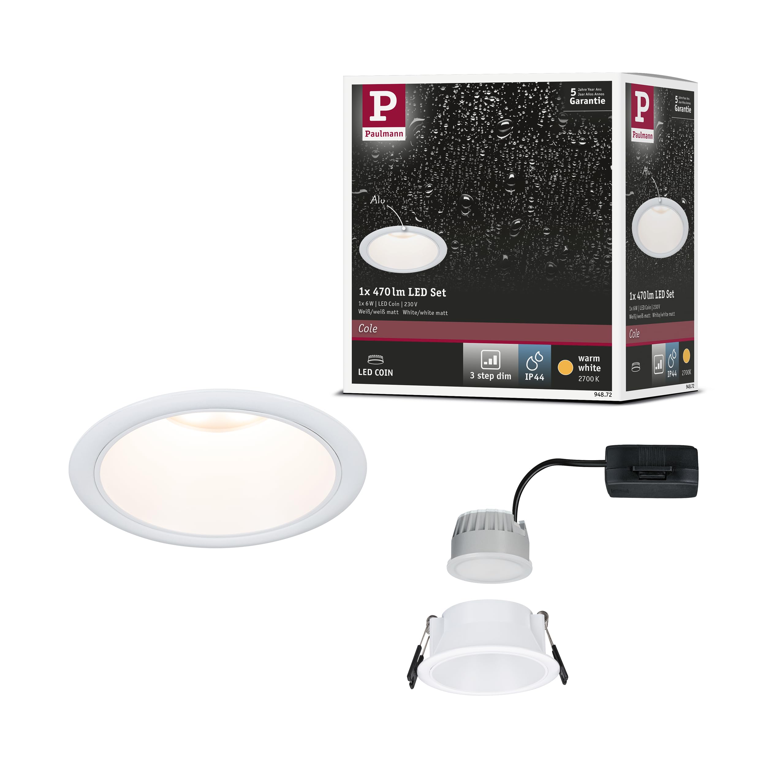 Paulmann 94872 LED recessed luminaire 3-Step dimming Cole IP44 Round 88mm Coin 6W 470lm 230V 2700K White