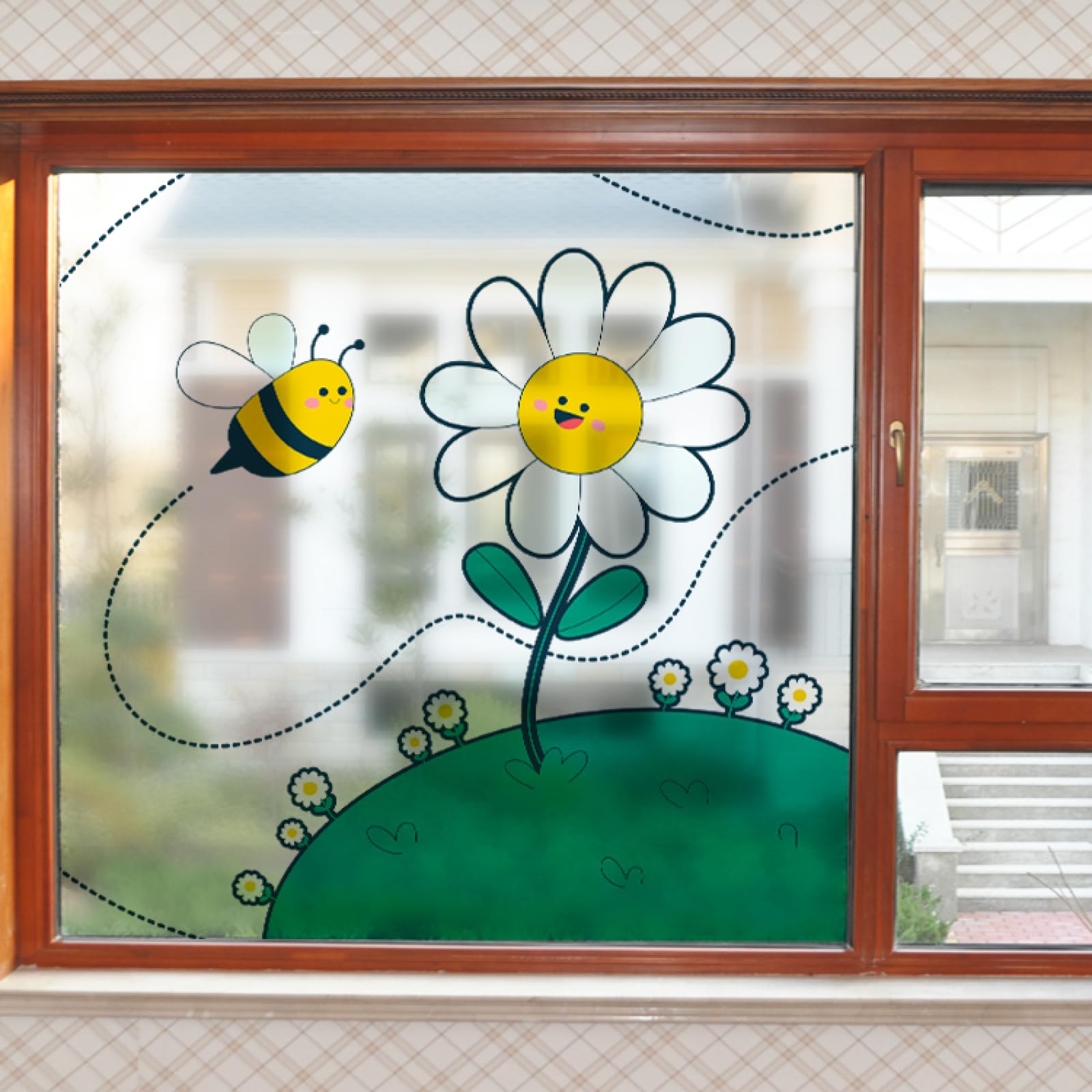 Fensterfolie Blickdicht Sichtschutzfolie, Sichtschutzfolie für Fenster, Motiv: Cartoon-Blumen und Bienen, zum Abziehen und Aufkleben