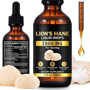 Lions Mane Liquid Drops, Lions Mane Mushroom Supplement for Immune Support, Brain Booster, Memory, Focus & Clarity, Health Supplies Mushroom Drops, Sugar Free & Alcohol Free - 60ml / 2 fl oz