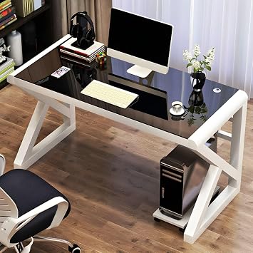 Glass Top Computer Desk Office Desk with Metal Legs - Without Chairs Computer Desktop Table Economical Desk Tempered Glass Study Table White Base Black Table Top 47.2" L x 23.6" W x 29.5" H