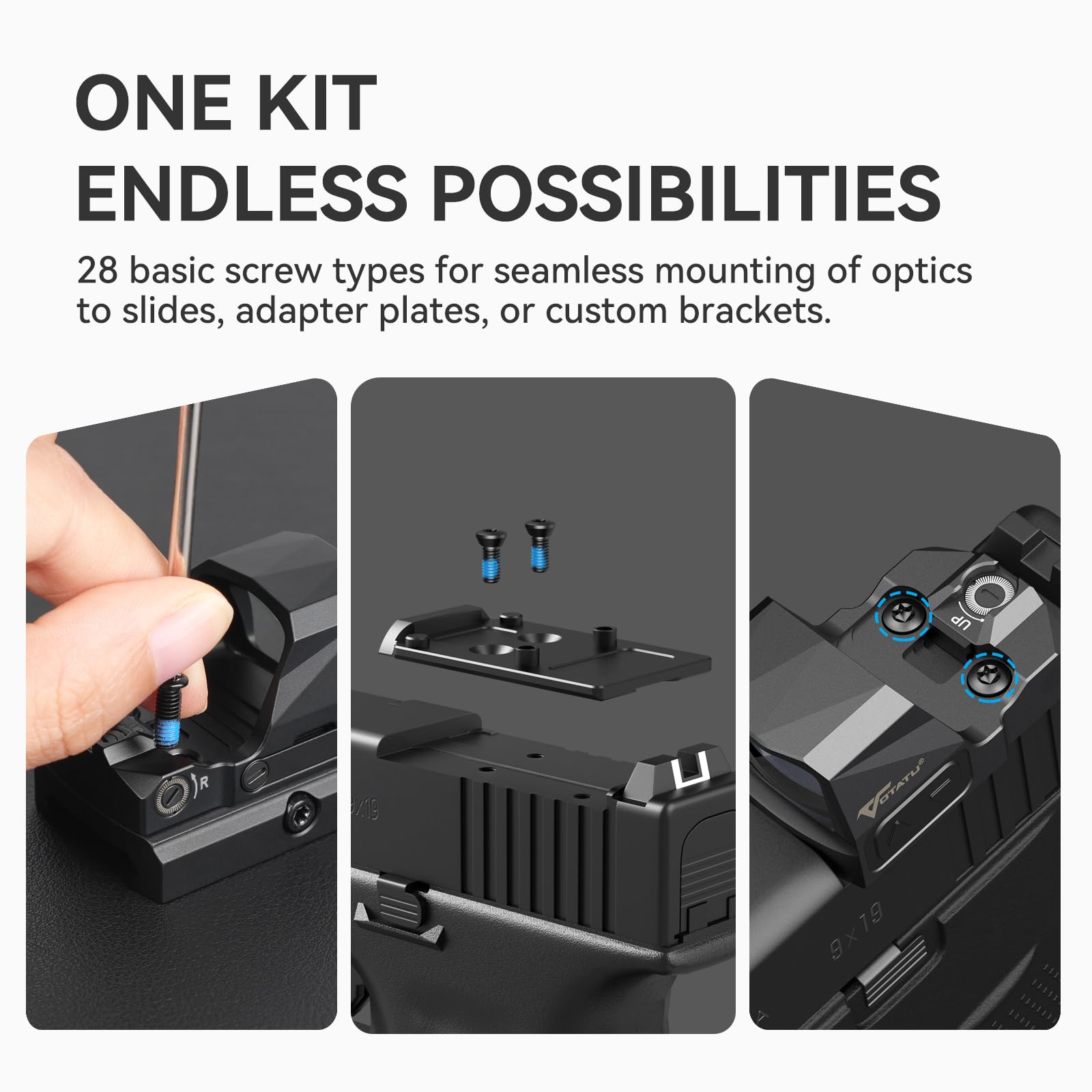 VOTATU Kit de vis de montage Red Dot – 112 pièces (28 ensembles) de vis d'armure et d'optique, y compris M3/M3.5/M4/#6-32/#4-40/#6-40/#6-48 (4 pièces/lot) pour visée point rouge et montage sur plaque