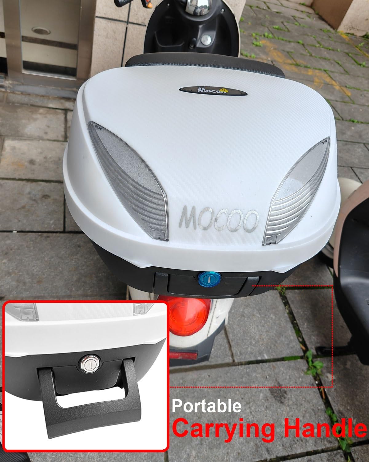 Motorradkoffer Top case Motorrad Tour Heckbox Kofferraum 42L Koffer,Scooter Kunststoffkoffer für Helmgepäck,wasserdichte Motorrad Top case abschließbar mit Rückenlehne,Platte - Weiß(Schwarz)