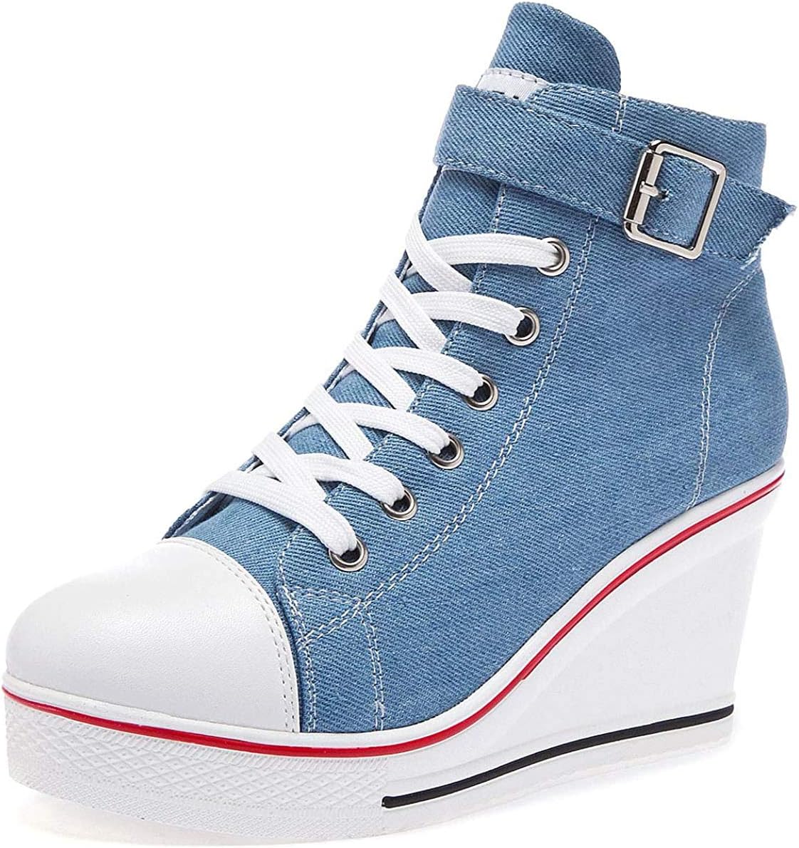 ALLINNINE Women's Sneaker Shoes High Heel Fashionable Canvas Shoes High Tube Lace Up Wedge Edge Zipper Slope Angle Shoes Size 4-11