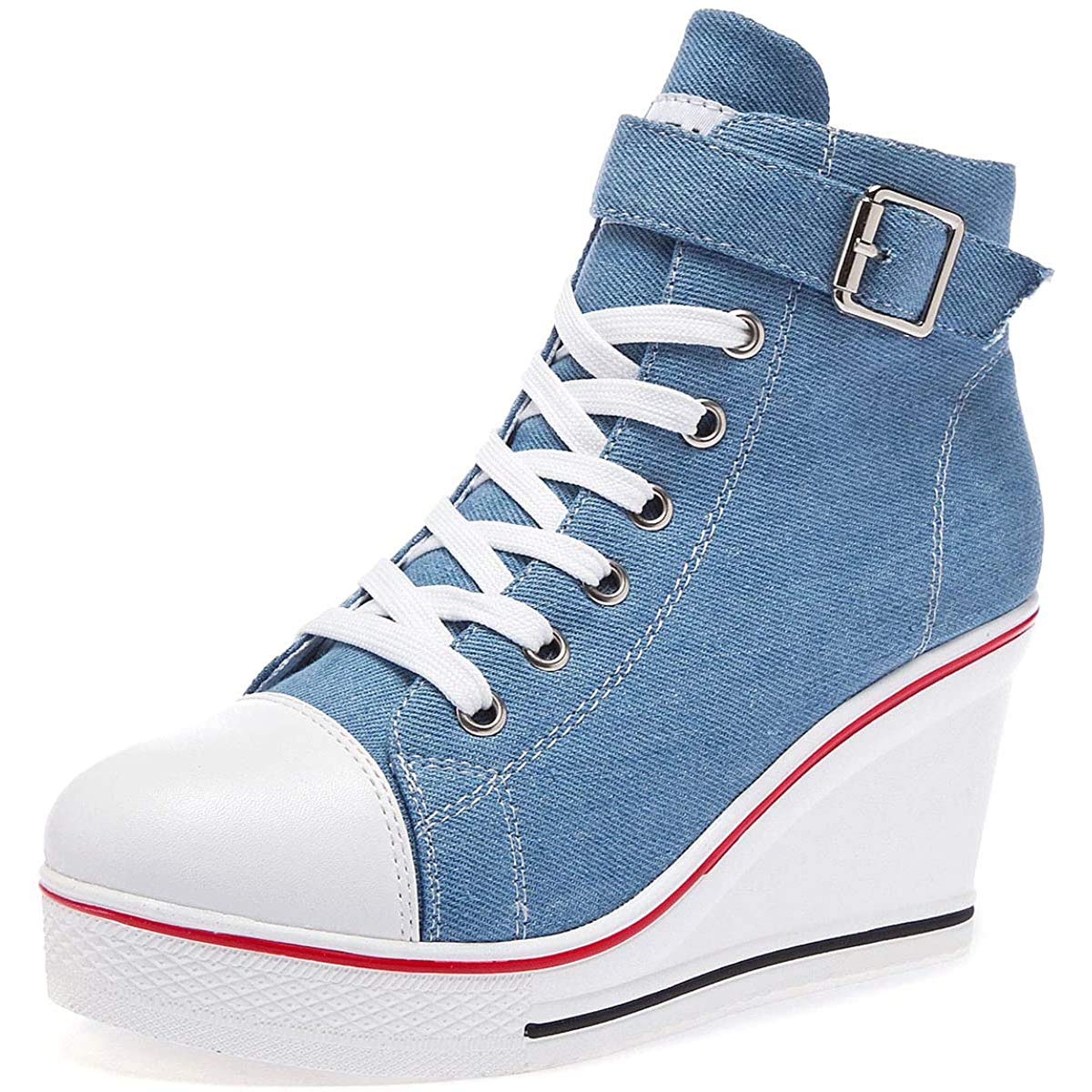 Women's Sneaker Shoes High Heel Fashionable Canvas Shoes High Tube Lace Up Wedge Edge Zip…