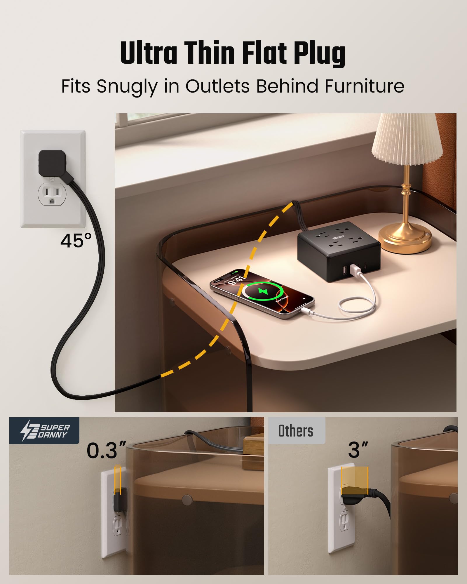 SUPERDANNY 5Ft Extension Cord, Flat Plug Power Strip Surge Protector — Amazon image 3