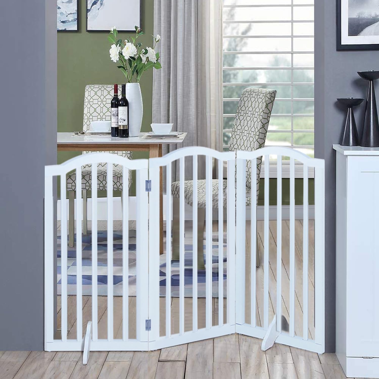 The Fellie Wooden Freestanding Dog Gate, Foldable Stair Gate with 2 Support Feet, Safety Gate