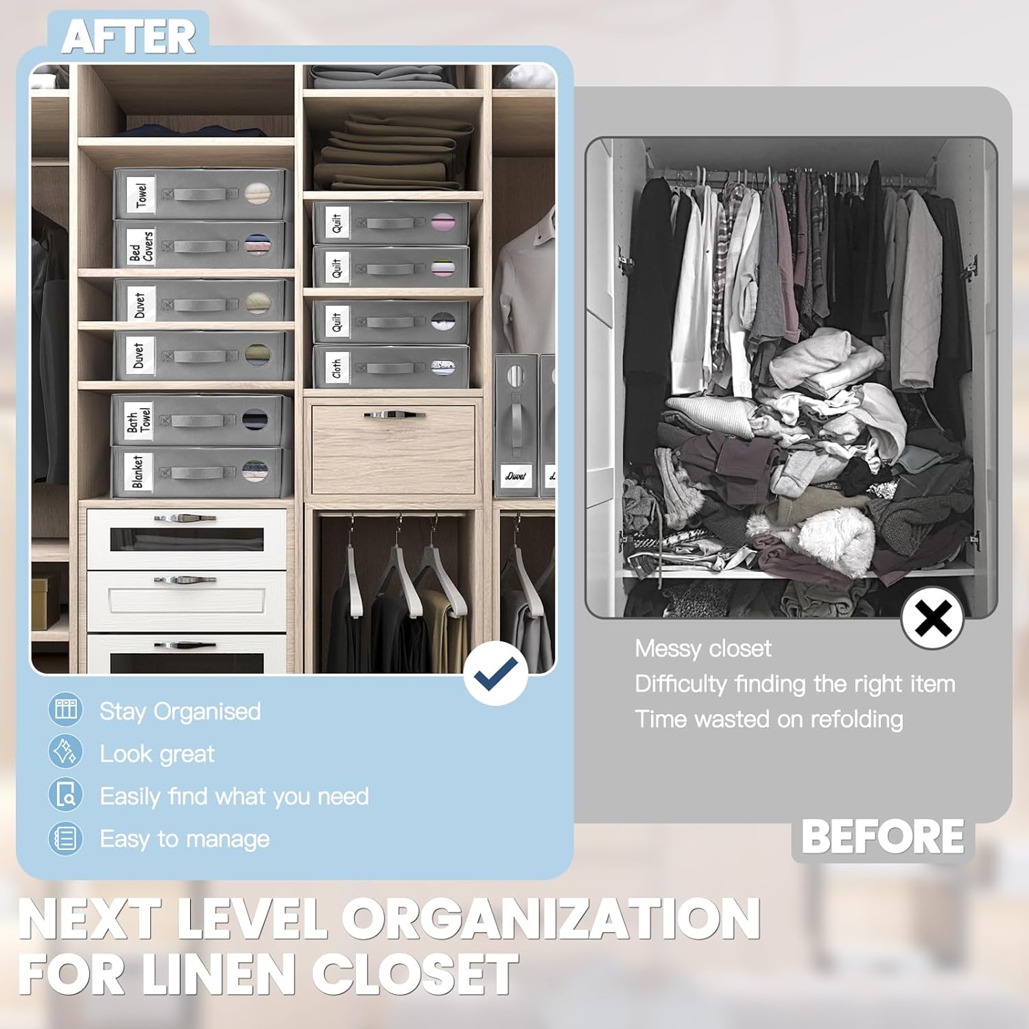 TRZZ 4-Pack Bed Sheet Organizers and Storage, Foldable Linen Bins with Window and Labels, Bedding Holder for Queen/King Duvet Covers, Keeps Bedding Neatly Organized and Accessible (Grey) - Image 4