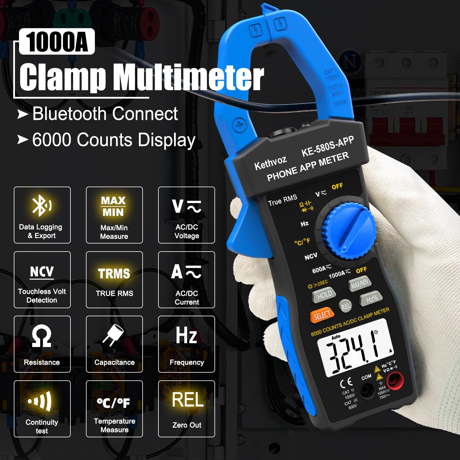 Bluetooth Pinza Amperometrica 1000A CC/AC, Kethvoz Multimetro Professionale Misura AC/DC Elettrica Corrente Tensione Resistenza Capacità, 6000 Conteggi Auto-range Voltmetro Digitale KE-580SAPP