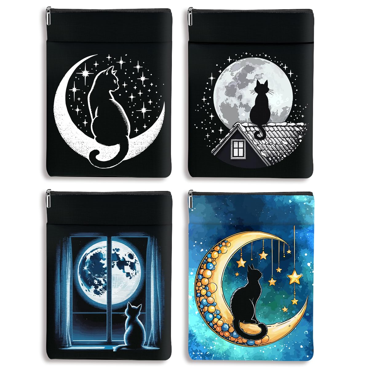 Buchhülle für Bücher, Schutztasche mit Reißverschluss und Vordertasche, waschbar, himmlische Katzenkunst, Boho-Mond-Hexenbuchliebhaber, Geschenke, Geschenke für Katzenliebhaber, Tochter, Mutter, Leser