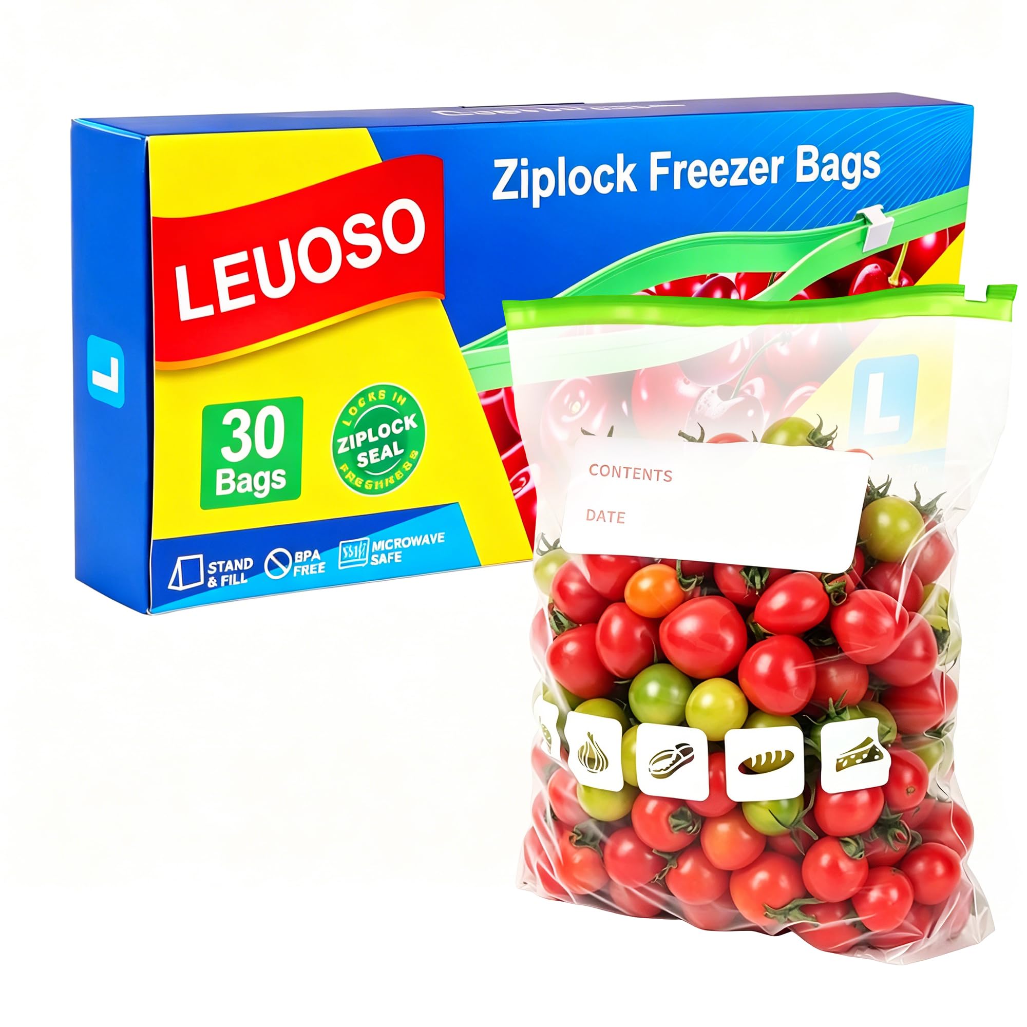 Large Ziplock Freezer Bags 30pcs, 6L Reusable Food Storage Bags BPA Free Sandwich Bag Zip Seal Plastic Bag with Expandable Bottom for Food, Meat, Grains, Fruits, Vegetables