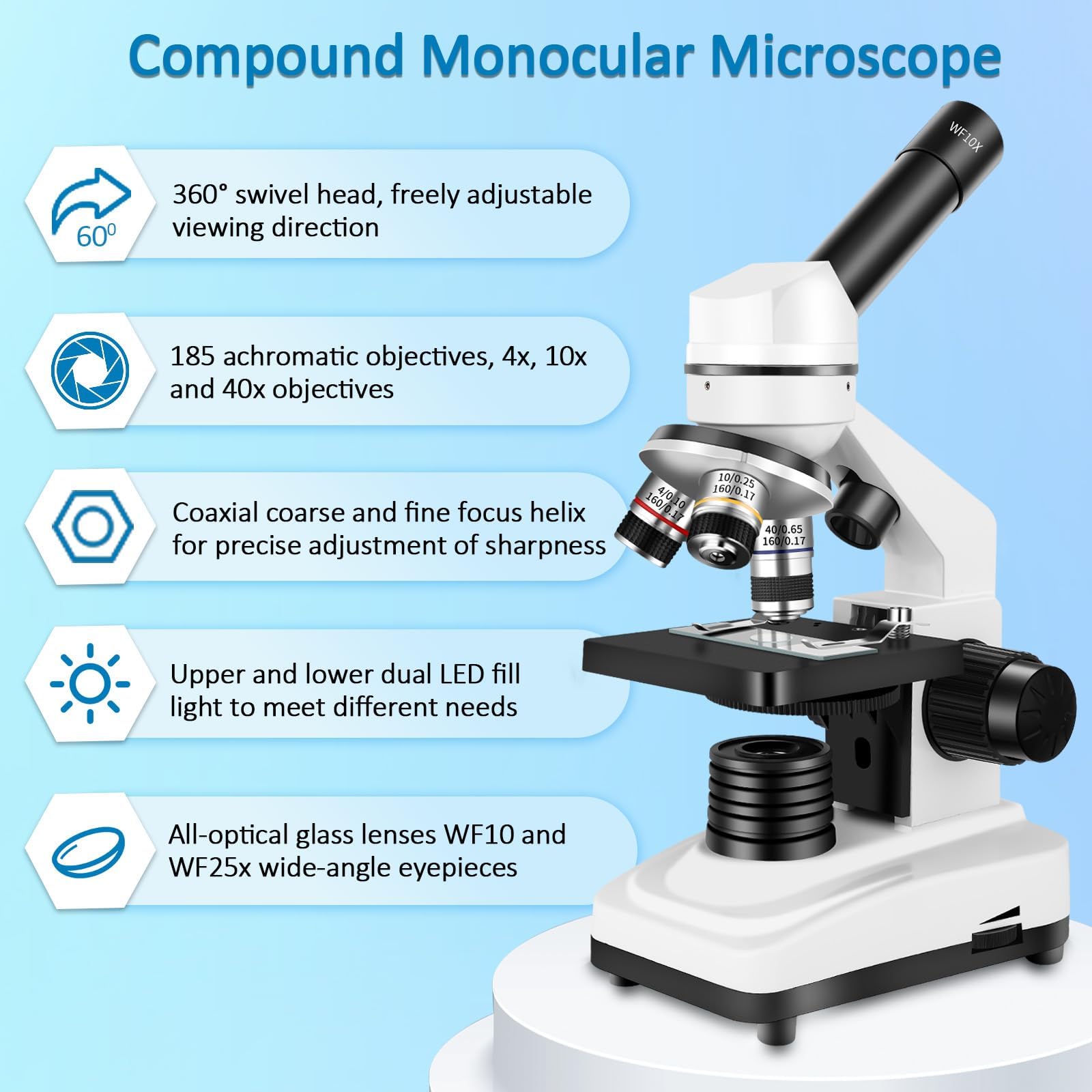 Herwicm Microscopio, microscopio 40X-2000X con adaptador de teléfono y juego de diapositivas, adecuado para estudiantes, laboratorio escolar y educación en el hogar (microscopio monocular)