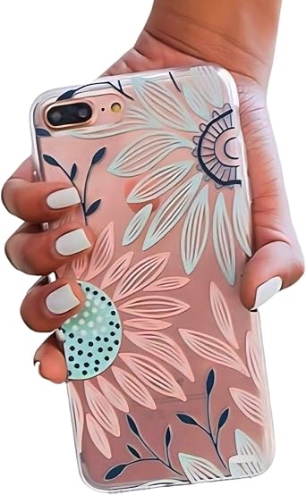 Compatible with iPhone 7 Plus / 8 Plus Case, Women Cute Flowers Stunning Spring Daisy Sunflower Floral Pink Blooms Blossom Clear Soft TPU Rubber Anti Scratch Bumper Case Cover