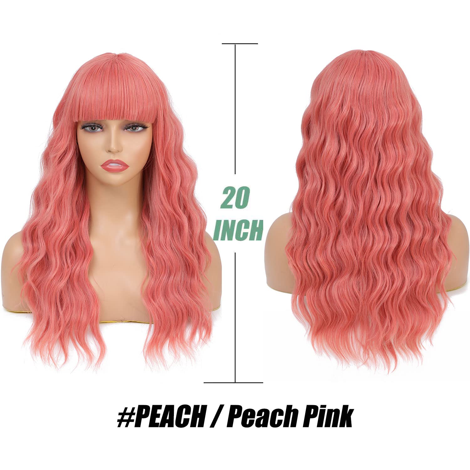 Amazon.com : SOKU Peach Pink Wavy Wig with Air Bangs Women display picture 1