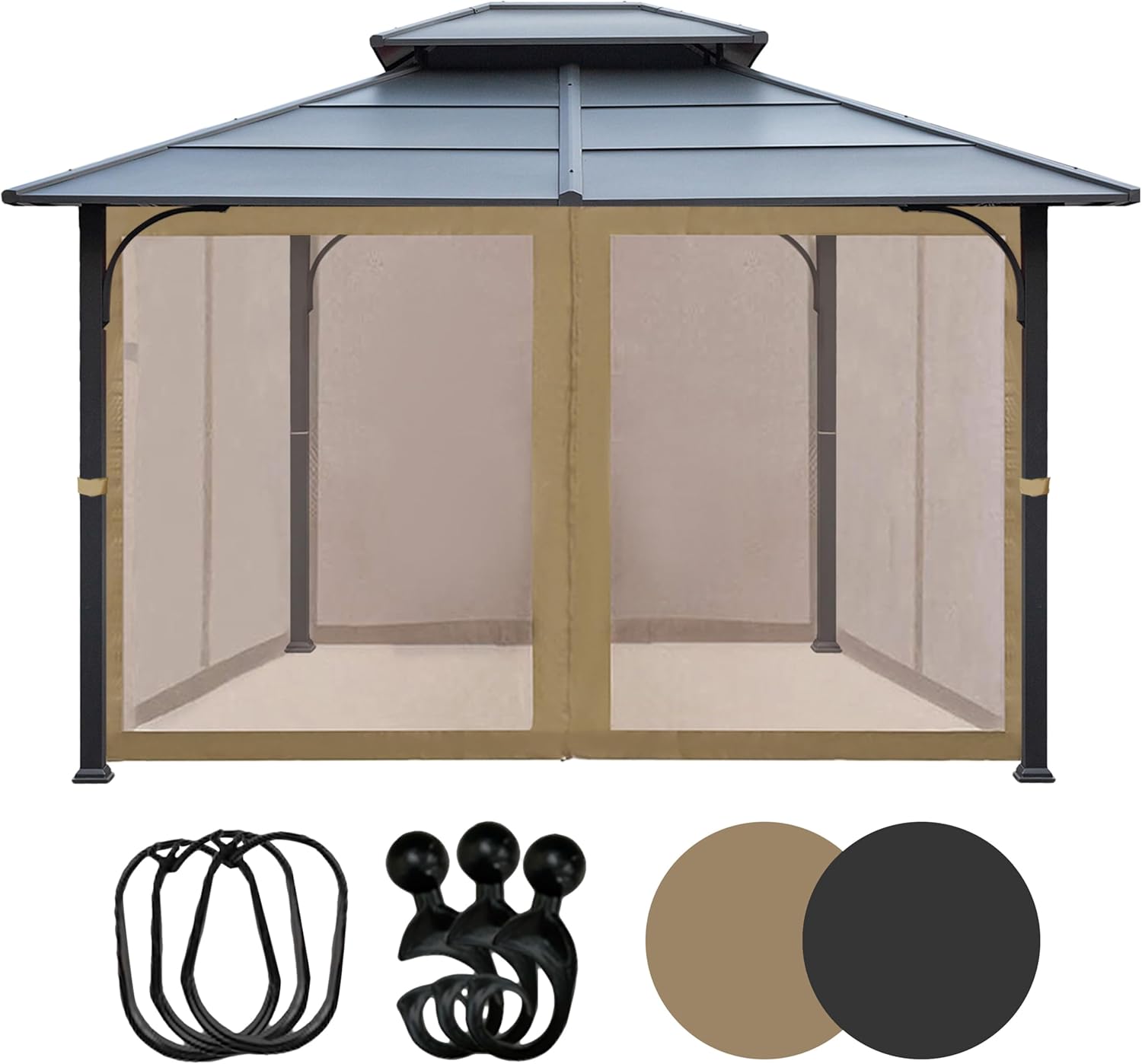 Tradesparker 10x12 Gazebo Replacement Mesh Walls,4-Sided Mosquito Screen Netting with 52Curtain Rings & 52Rail Hooks，Khaki (Universal Fit for Gazebo & Pergola)