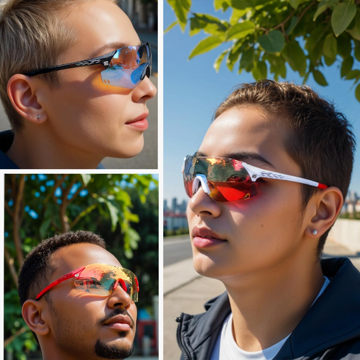 PAIS Gafas de sol fotocromáticas para correr para hombres y mujeres, sin marco, deportivas, para pesca, montañismo, camping, ciclismo, senderismo, Marco blanco con lentes de espejo rojo