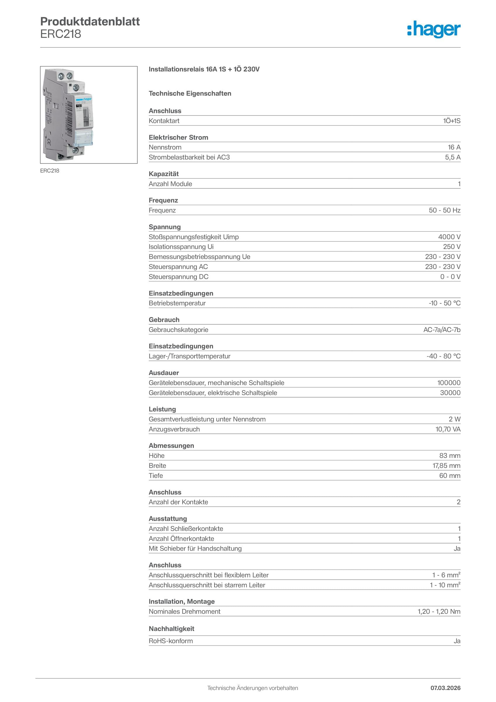 Hager - Relé de mando, 16A, 1NA+1NC, 230V
