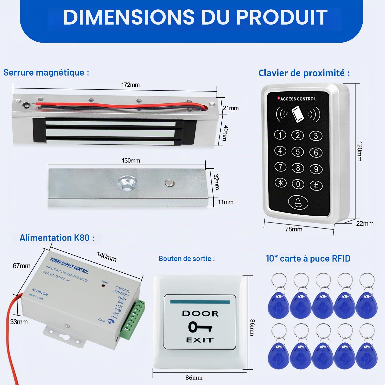 Kit de système de contrôle d'accès autonome avec serrure magnétique de 180 kg/350 lb, alimentation 12V 3A, bouton de sortie et 10 porte-clés RFID 125 kHz pour le contrôle d'accès du système de