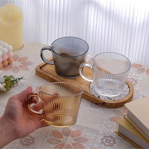 Miniatura 5 de Tazas de café vintage de 13 onzas, paquete de 2 tazas de té de vidrio a rayas con asa, taza de café transparente apilable para bebidas de café con