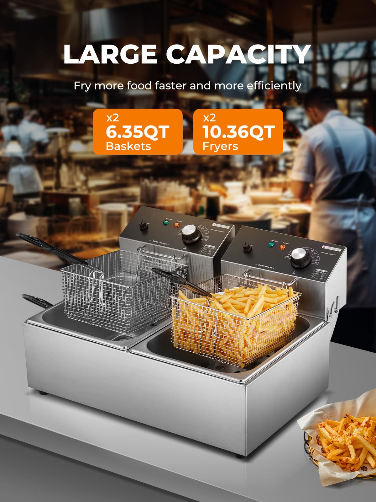 Commercial Deep Fryer with Basket, 3400W 20.7Qt Dual Tank Deep Fryer with Temperature Control, Large Capacity Stainless Steel Electric Countertop Fryer for Restaurant or Home Use