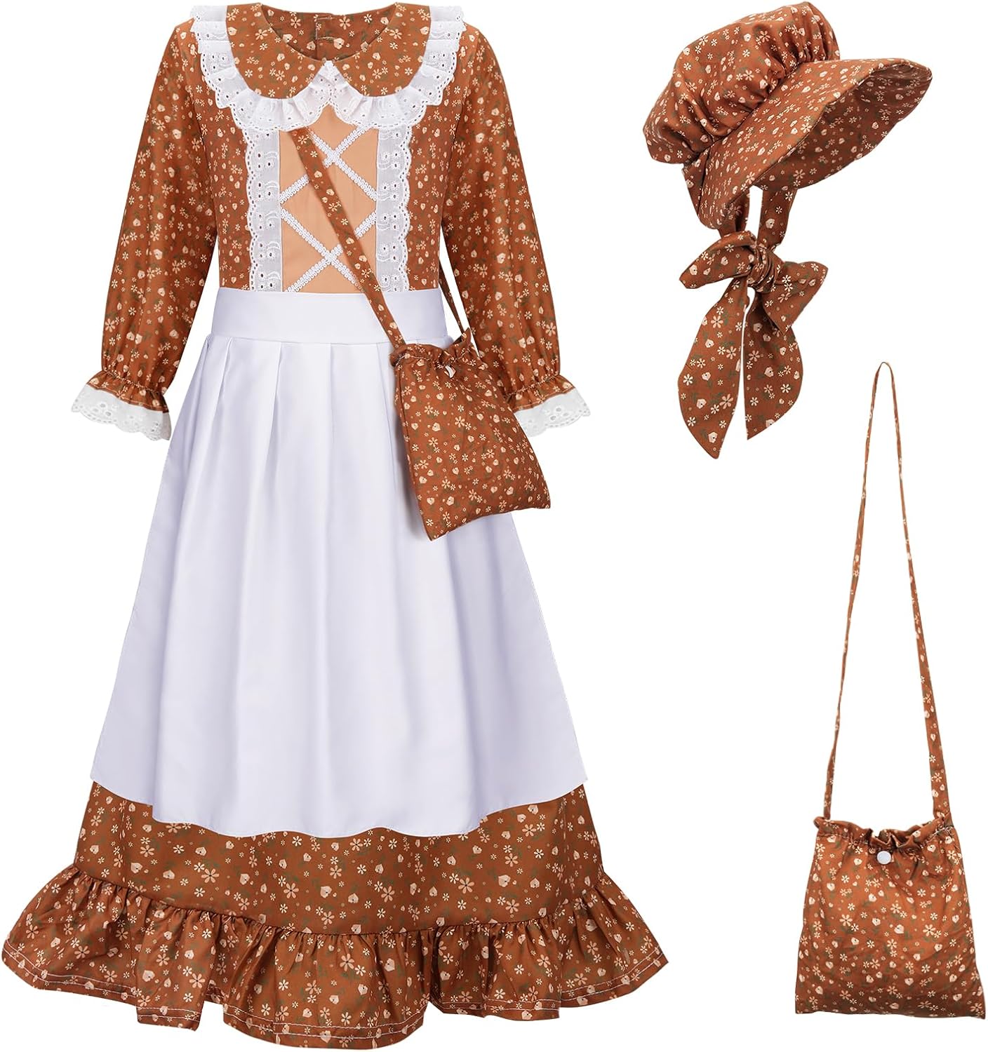 Meland Pioneer Dress for Girls, Colonial Floral Costume with Bonnet Apron & Purse, Dress Up Clothes for Girls Ages 5-13