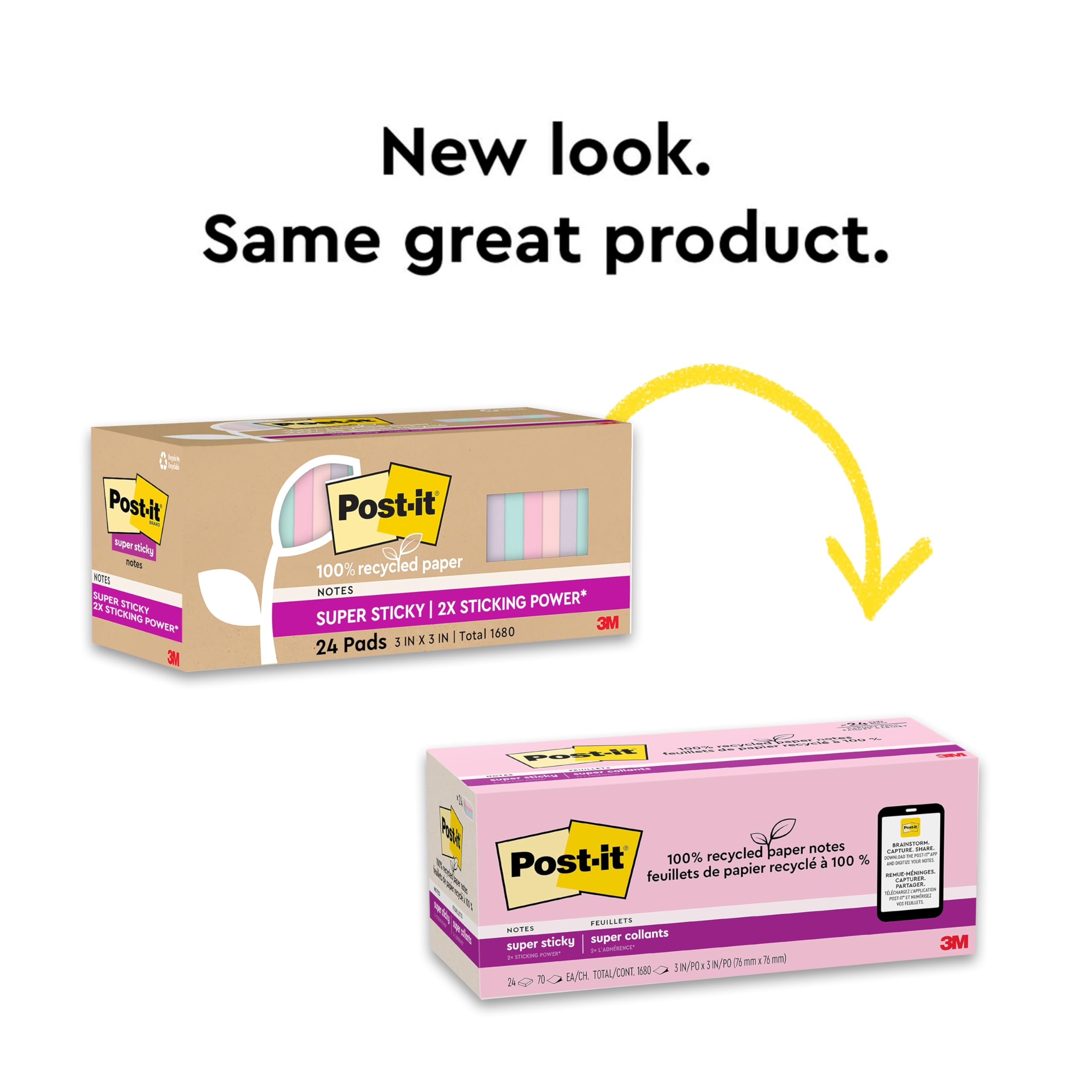 Post-it 100% Recyclingpapier, super Haftnotizen, 2X The Sticking Power, 7,6 x 7,6 cm, 24 Bl cke/Packung, 70 Blatt/Block, Wanderlust Pastels Collection (654R-24SSNRPCP)