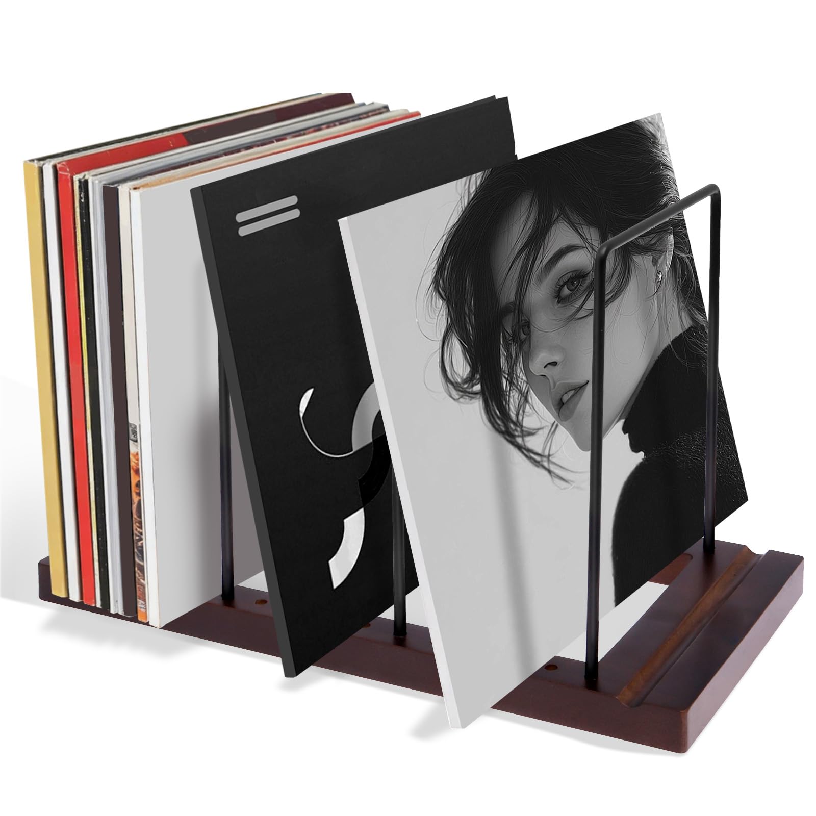 Zhjiutak Vinyl Record Storage Holder,Vinyl Record Display Rack,Wood LP Storage Stand with Anti Slip Pad Holds 50-75 Records Ideal for Bookshelf TV Stand and Side Table,Book and Records Album Storages