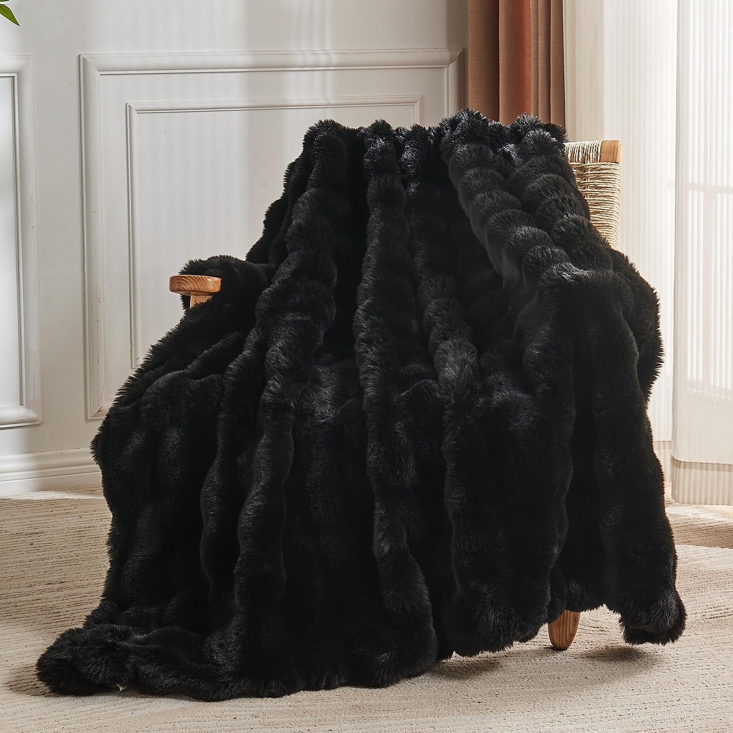 Wajade Luxury Fluffy Rabbit Fur Throw Blanket Super Soft Bubble Faux Fur Blanket Warm Fuzzy Large Blanket for Bed Couch Car Cozy,Black 127x153CM - Image 3