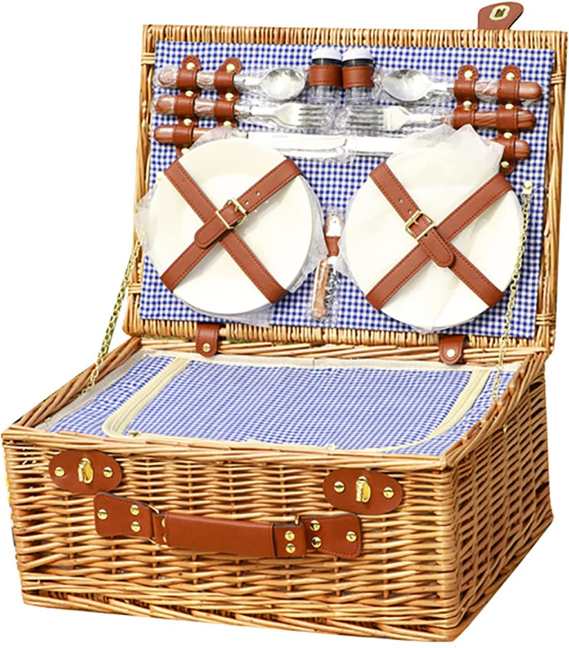 Willow Picnic Basket Set for 4 Persons/2 Persons with Large Cooler Compartment,Natural Wicker Picnicr Blanket,Picnic Accessories,Outdoor Tableware & Picnicware