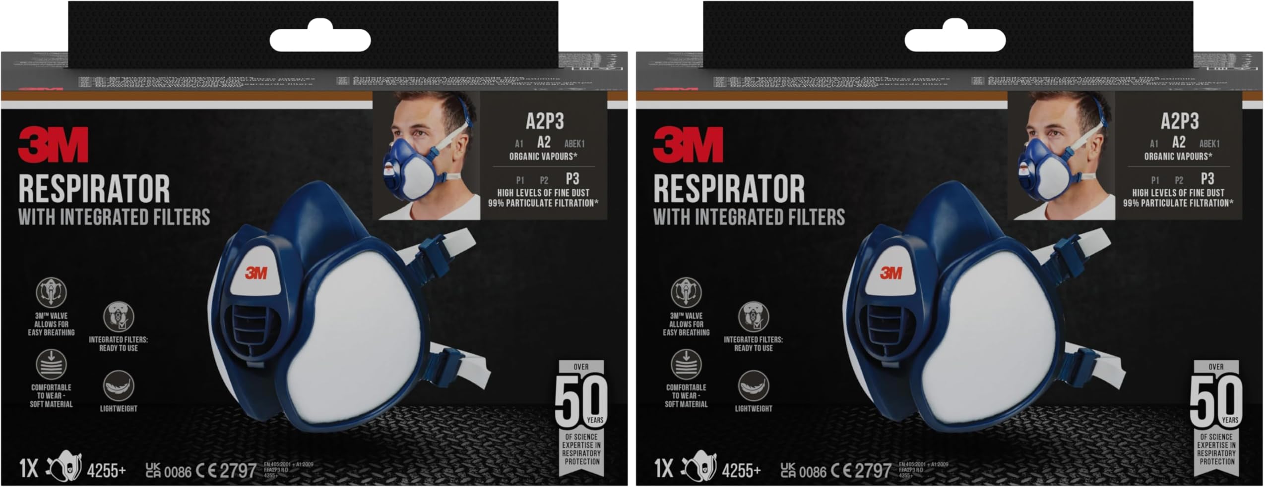 3M Atemschutzmaske mit integrierten Filtern 4255+, A2P3 Organische Dämpfe für Farbspritz-Lackierarbeiten (neu), Single (Packung mit 2)