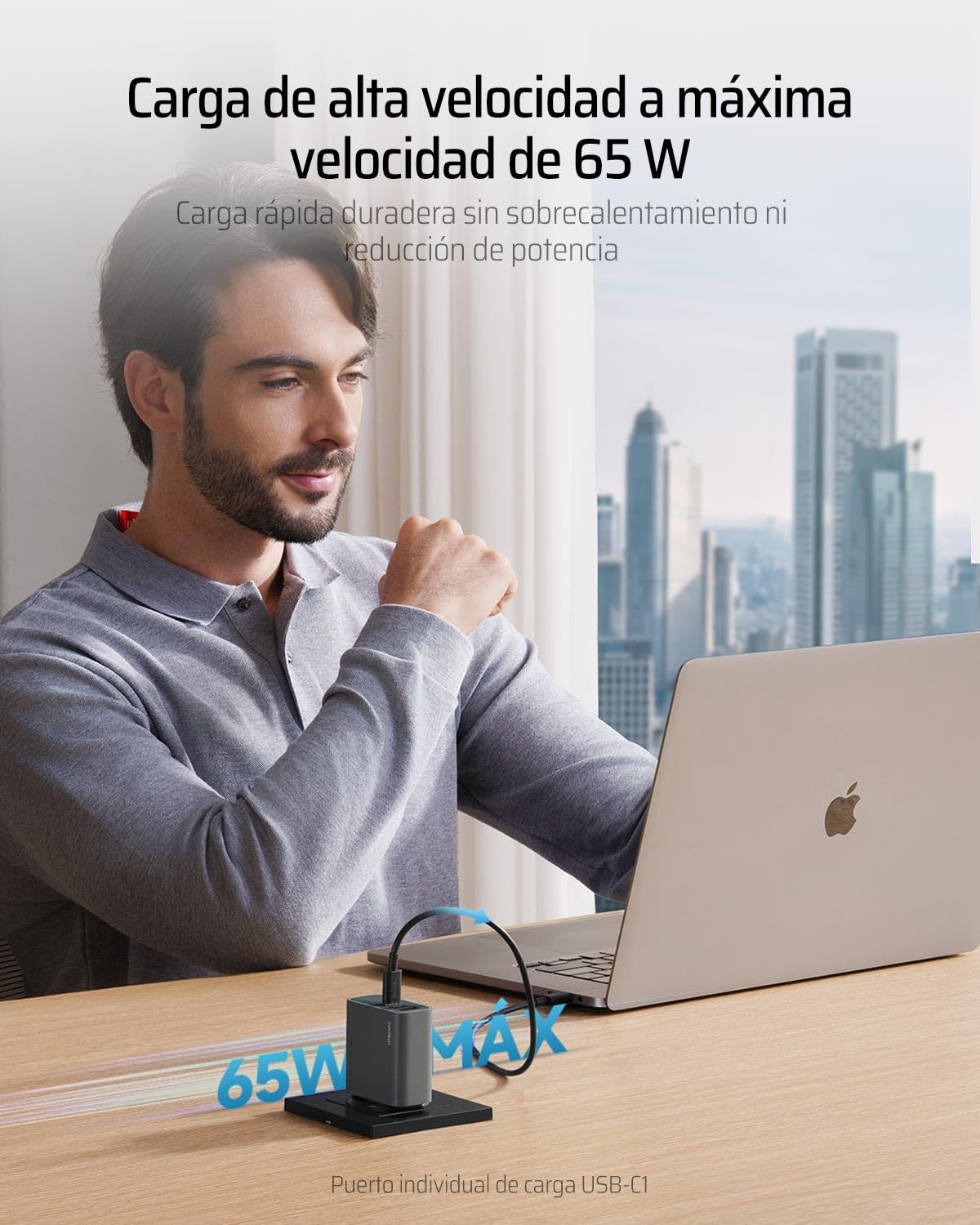 CUKTECH 65W Cargador USB C, 3 Puertos GAN III y PD3.0 Cargador iPhone Carga Rapida, Cargador Múltiple Compacto para MacBook Air/Pro, iPad Pro, iPhone 16/15/14/13, Samsung S24/S23, Xiaomi, Switch