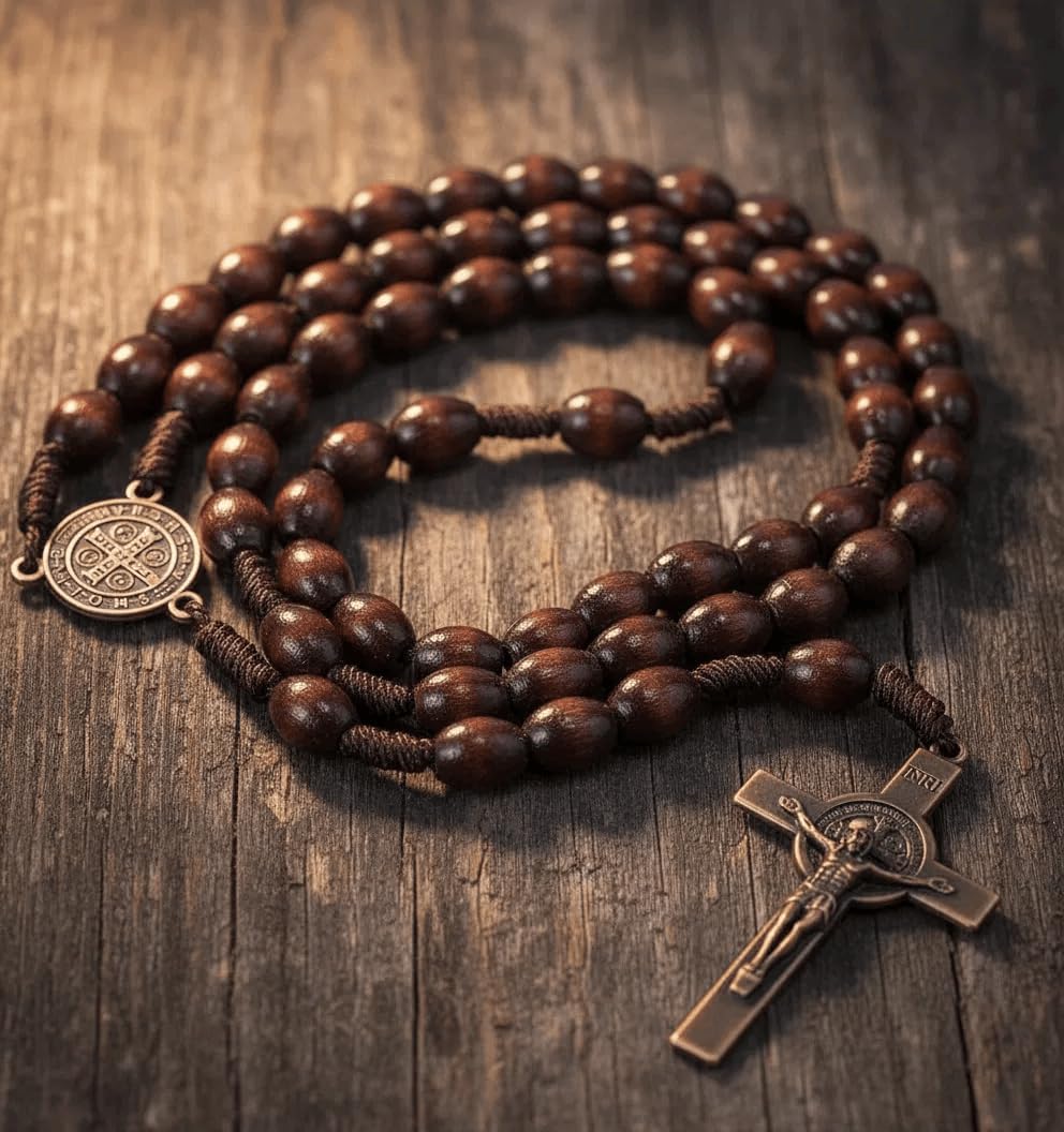 Nazareth Store St. Benedict Solid Wood Rosary Necklace Dark Wooden Beads Catholic Prayer Saint Medal with Bronze Metal Cross - Image 2