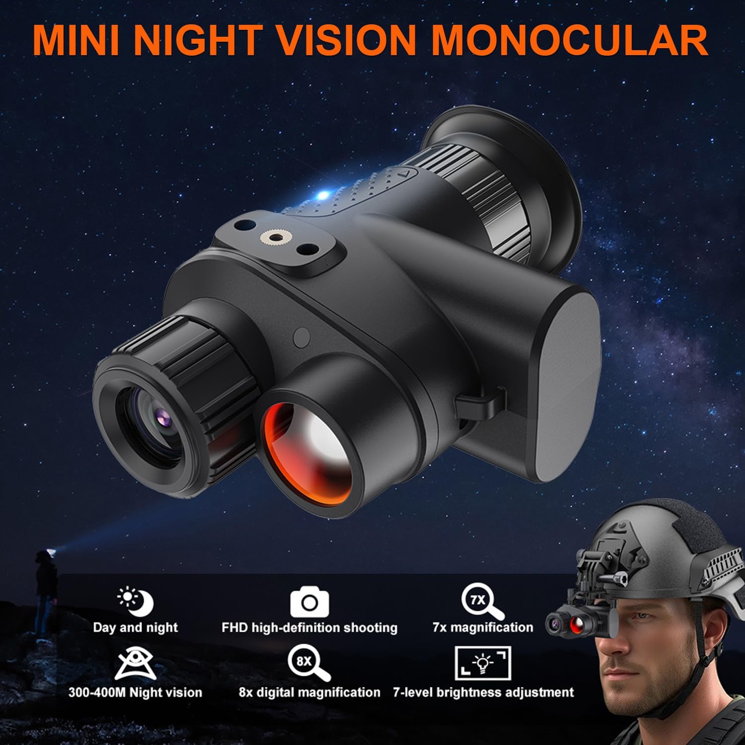 Nachtsichtgerät mit Sternen Lichtsensor, 8X Digital Zoom IR-Helligkeit Nachtsichtbrille Infrarot Monokular für Erwachsene & Jagdcamping Nachtsicht & Tag Militär Freihändiges NGV für Helm