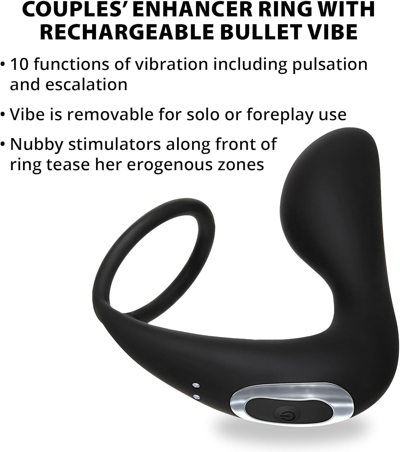 Adam & Eve Rechargeable Couples Enhancer Ring with 10 Function Vibration, Dual Support & Stimulation for Him and Her, Waterproof, Rechargeable, Removable Bullet Vibe, Sex Toys for Men & Women