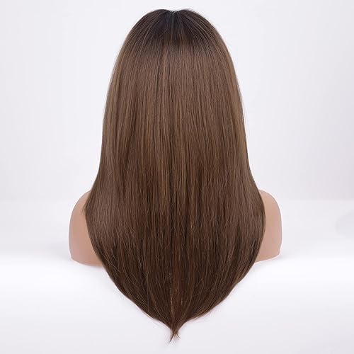 Miniatura 6 de HAIRCUBE Peluca sintética marrón oscuro para mujer, pelucas en capas con flequillo de longitud media recta y resistente al calor