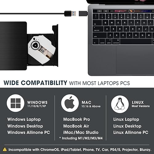 Miniatura 4 de ROOFULL Reproductor externo de unidad de CD y DVD, grabadora de CD USB 3.0 con estuche de transporte, lector de disco óptico portátil DVD+/-RW