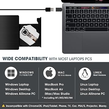 ROOFULL External CD DVD Drive for Laptop, USB 3.0 Type-C Portable CD Burner DVD Player Optical Disc Reader Writer for Windows 11/10 Computer Mac MacBook Linux PC with Protective Carrying Case