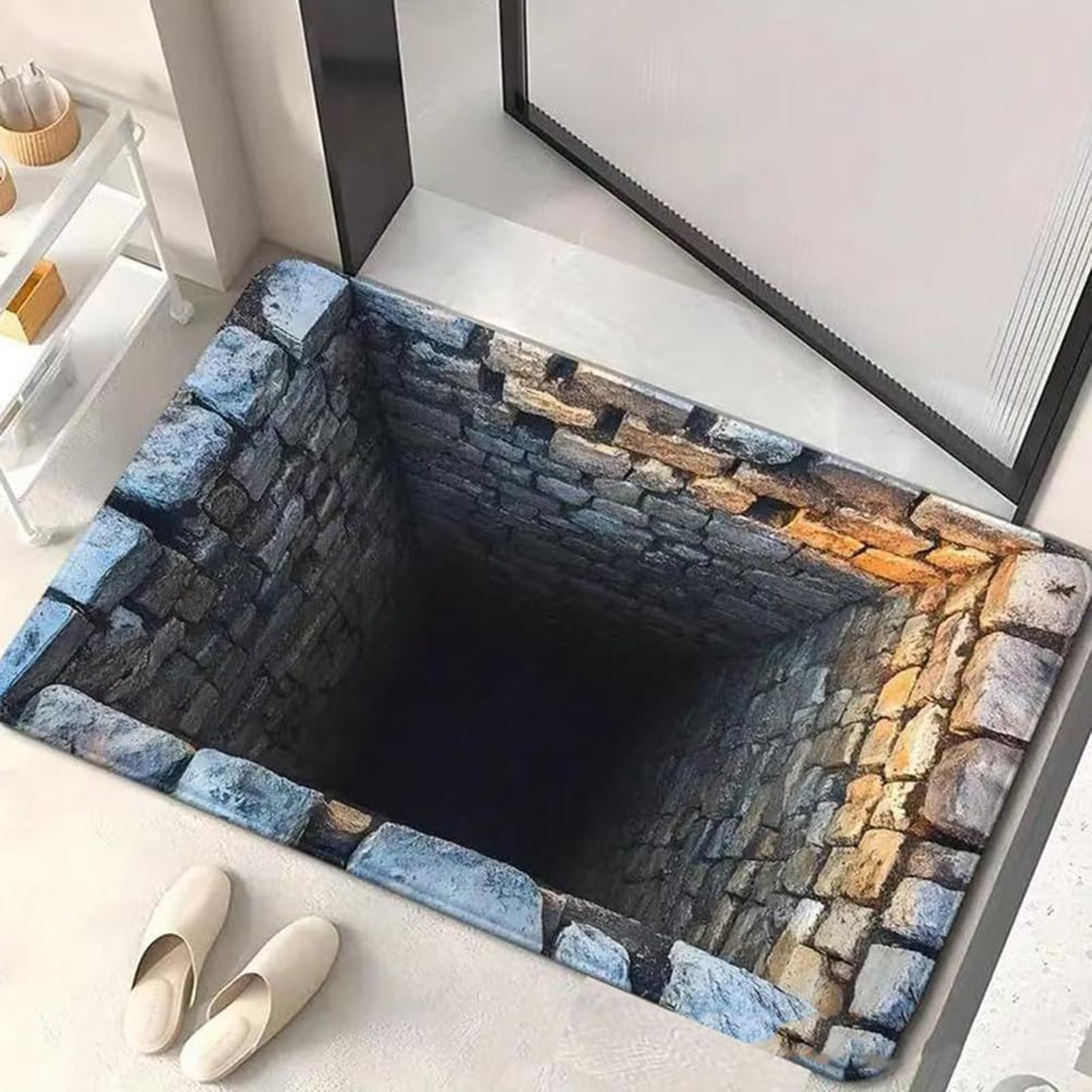 3D Hole Rug Realistic Optical Illusion Rugs Funny Bottomless Doormat Area Rug Absorbent Non-slip Floor Mat for Bathroom Living Room Playroom Entryway Front Door, Washable Door Mats Indoor & Outdoor H