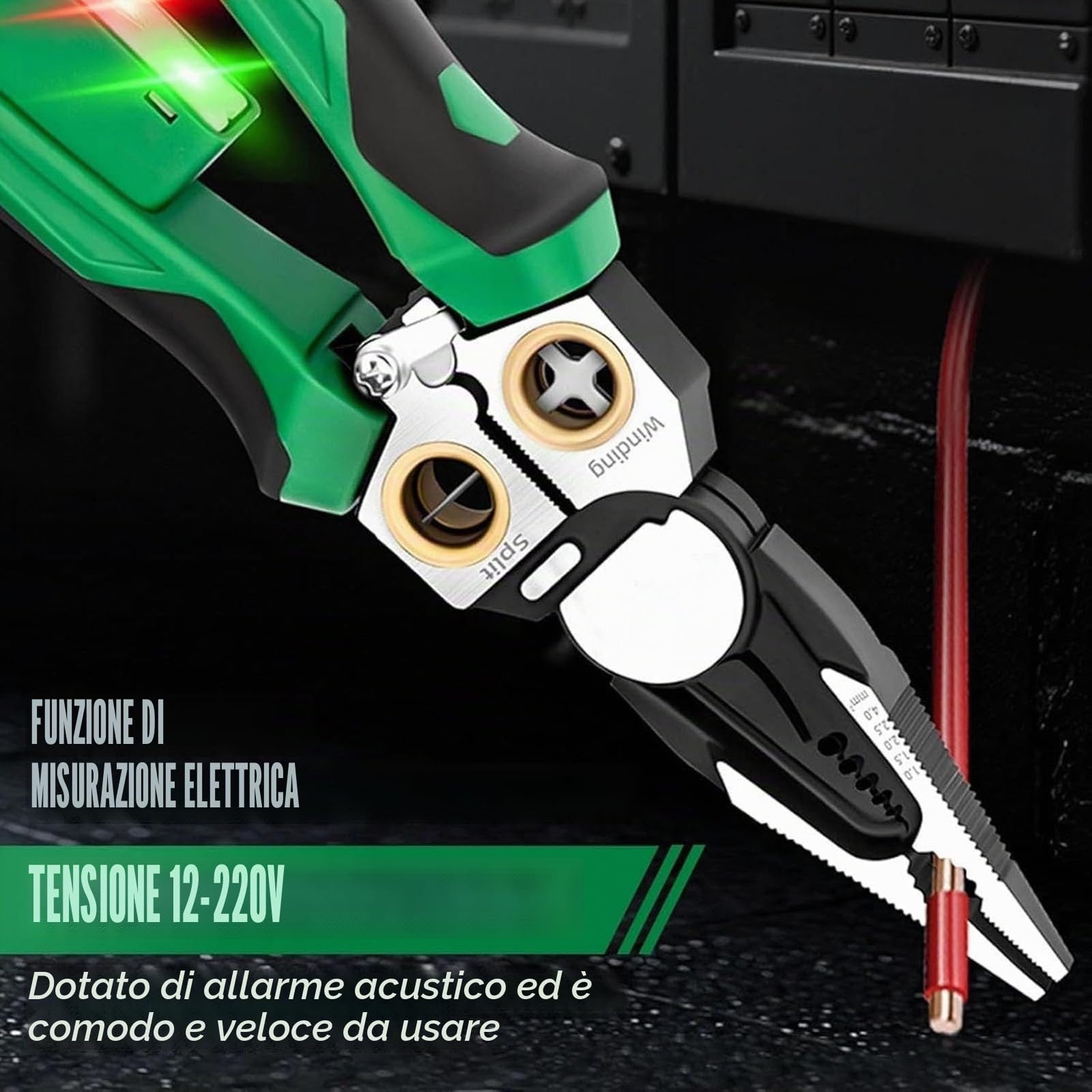 Pinza Spelafili 8 in 1 con Tester di Tensione, Utensile Elettricista Multifunzione per Tagliare, Crimpare, Tirare Cavi