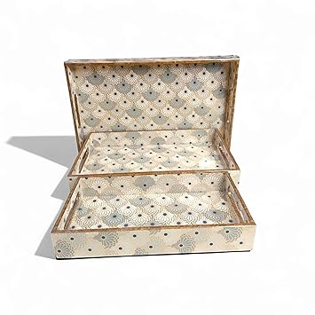 Wooden Tray for Kitchen Organizer with Gold Engraving | Set of 3 | Size : 16 x 10 inch, 14 x 8 inch & 12 x 6 inch Enamel Coated Waterproof | Rectangular| Decorative Serving Trays Set