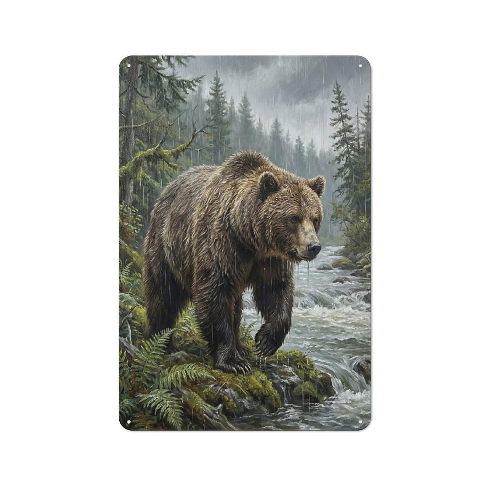 Junmoney Style-24 Grizzly Bear In Rainy Forest Clean Industrial Metal Wall Decor 30X20cm, Decorative Metal Plaque For Workspace, Cafe, Hallway Or Garage