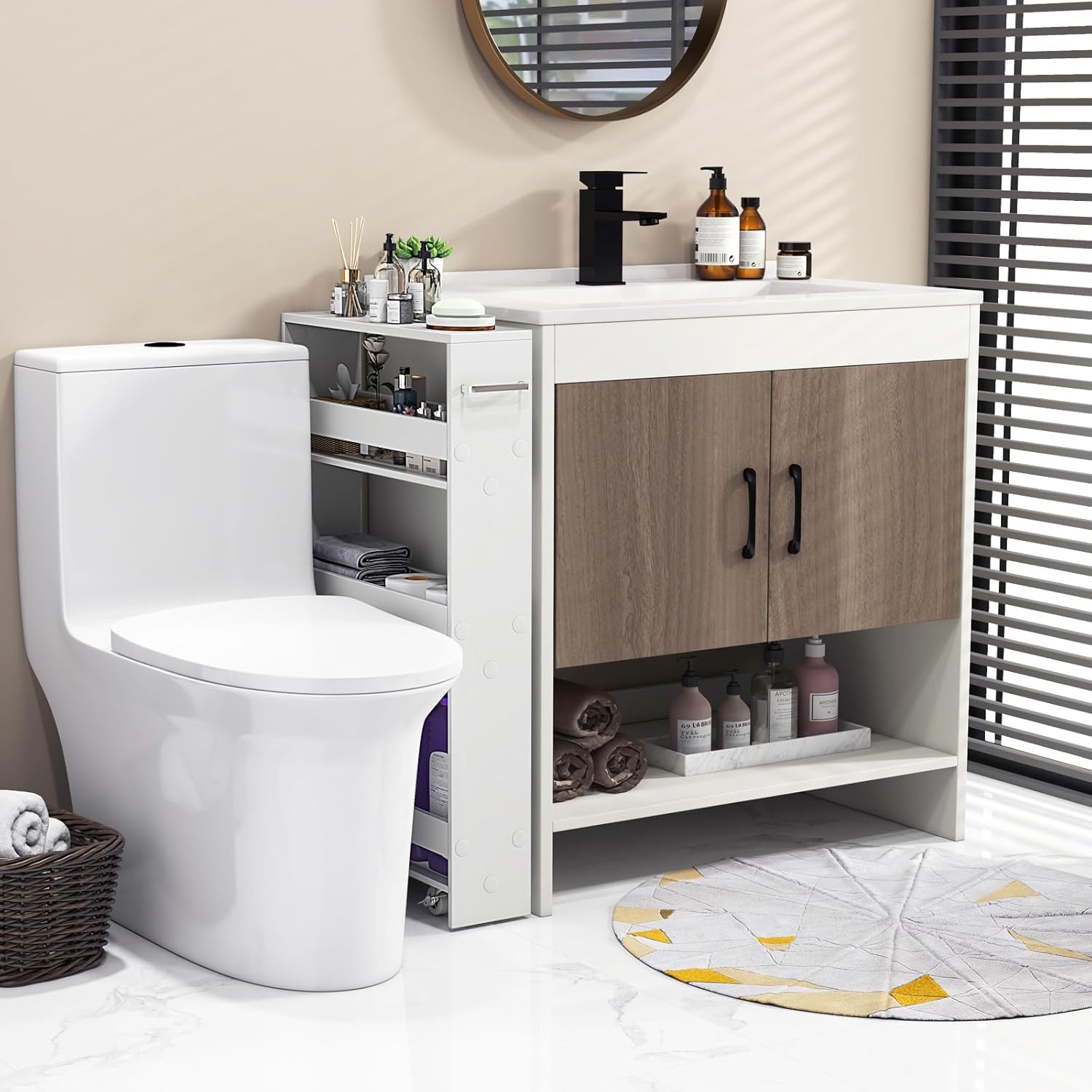 COSTWAY Slim Rolling Storage Cart positioned in a bathroom between a toilet and a vanity, filled with toiletries and cleaning supplies.