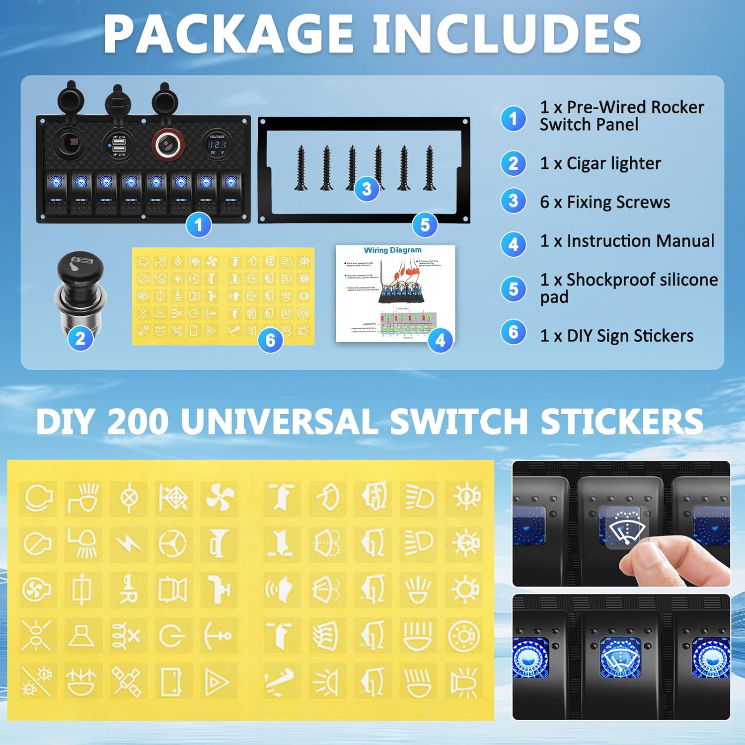 Geloo 8 Gang Marine Rocker Switch Panel, Boat Switch Panel Waterproof, 12V Switch Panel Toggle Switches Panel with LED Circuit Breaker 3.1A USB Charger Voltmeter ON/Off for Car Rvs Vehicles (Blue)