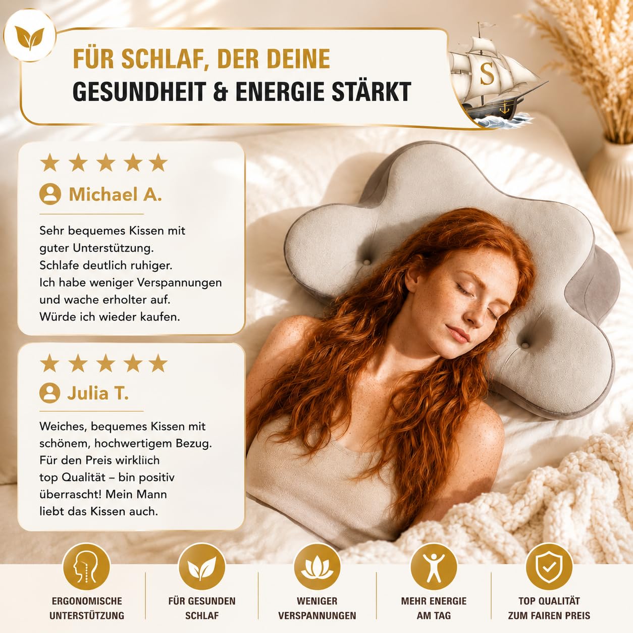 Ergonomisches Kopfkissen & Nackenstützkissen – Orthopädisches Nackenkissen [TESTSIEGER] Memory Foam gegen Nackenschmerzen & Schnarchen, Kopfkissen für Seiten-, Rücken- & Bauchschläfer