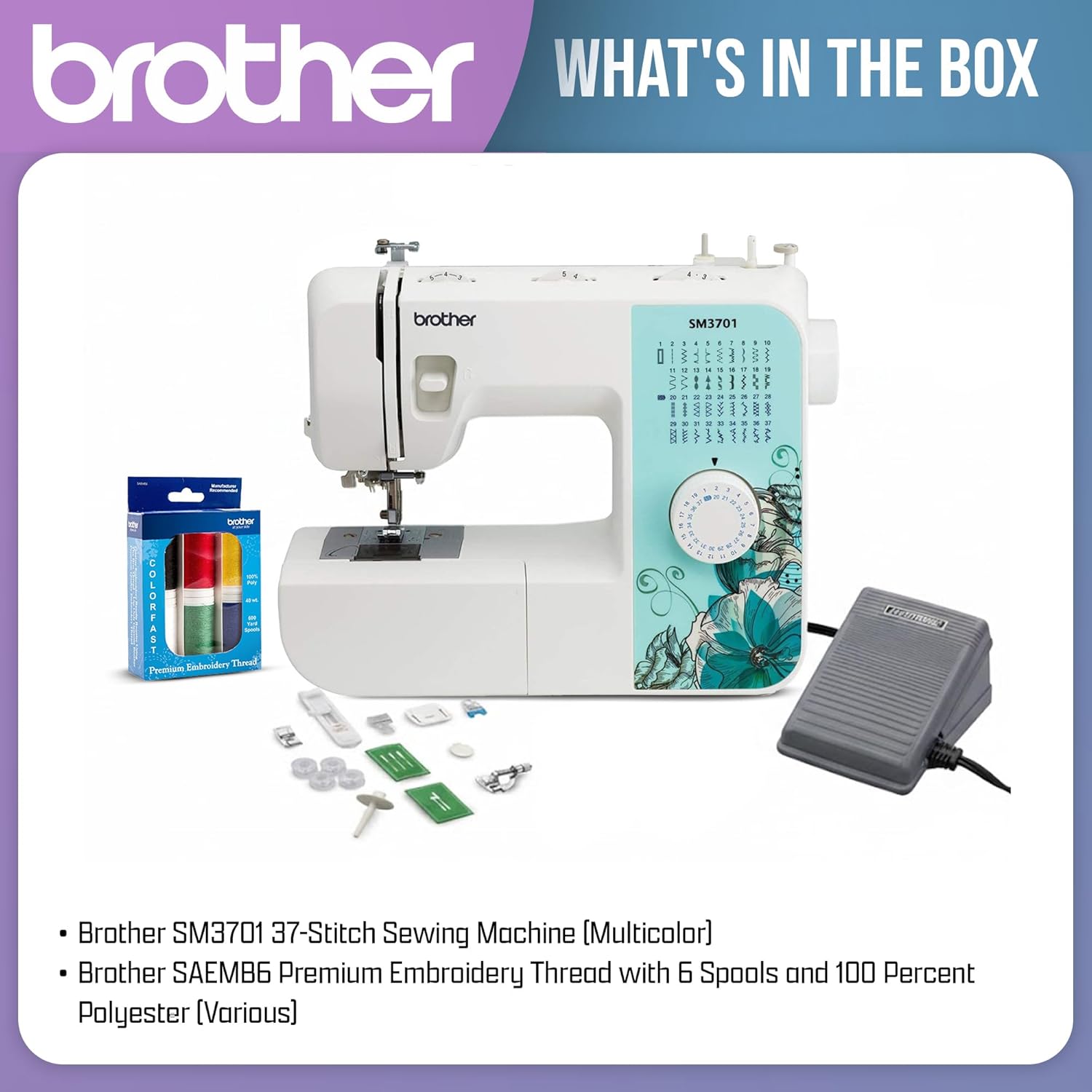 Brother SM3701 37 Stitch Sewing Machine with Premium Polyester Embroidery Thread Set a Complete Sewing and Embroidery Bundle (2 Items)