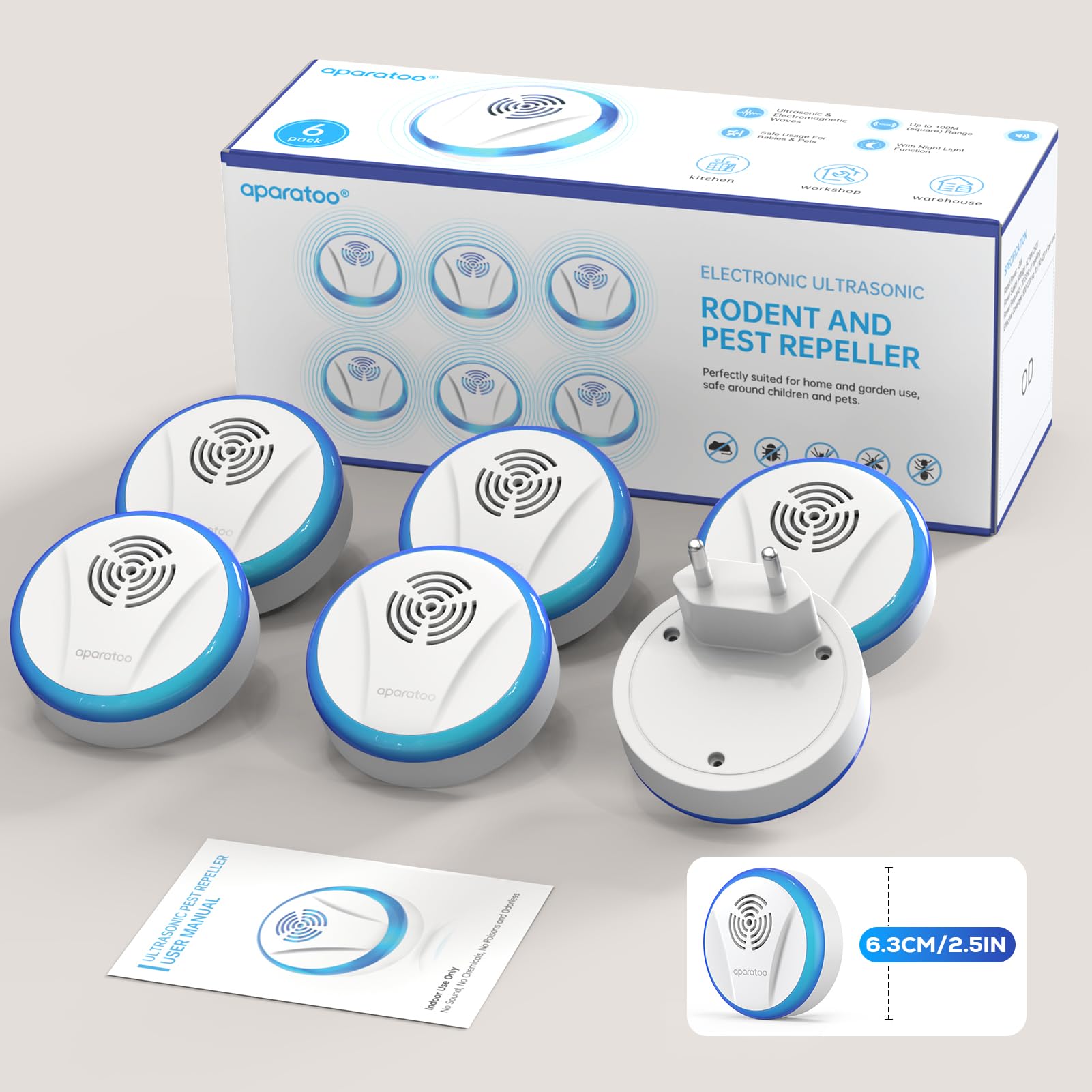 Répulsif antiparasitaire à ultrasons, Électronique Antiparasitaire Intérieur, Antiparasitaire pour Moustiques, Souris, Araignées, Cafards, Mouches, Lot de 6