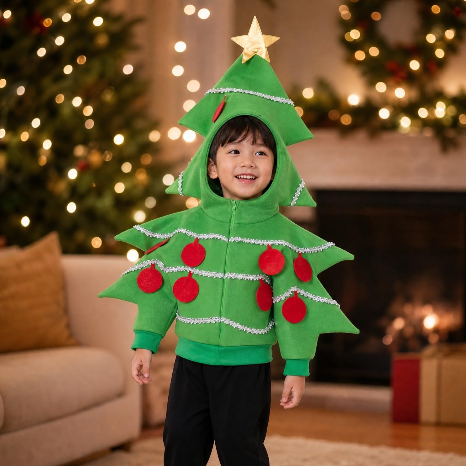 Costume Albero di Natale con Cappuccio Costume Natalizio con Applicazioni a Palline Dorato per Foto Festive