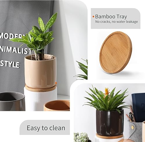 Miniatura 5 de Macetas cilíndricas de cerámica de 4 pulgadas con agujeros de drenaje y platillos, maceta pequeña esmaltada para plantas de interior, suculentas,