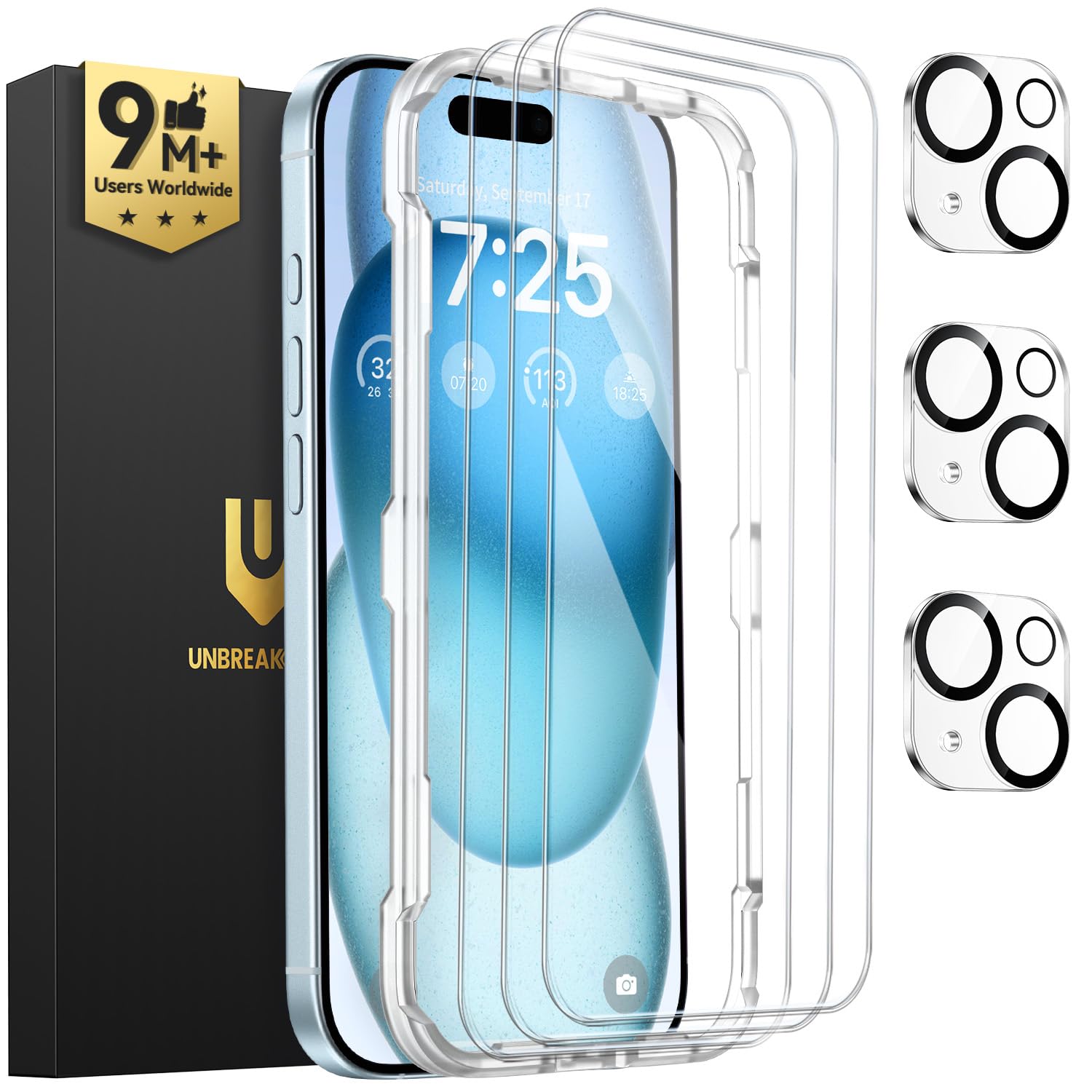 UNBREAKcable iPhone 15 Screen Protector 3-Pack, Upgraded Dual-Tempered Glass + 3 Camera Lens Protectors, Military-Grade 9H Hardness, HD Clarity, Anti-Fingerprint, Case Friendly, 6.1 Inch